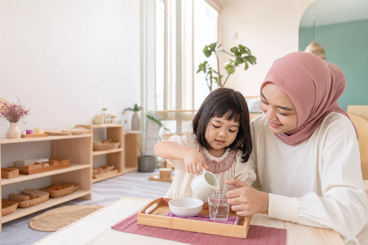 Pendamping dan anak melakukan kegiatan practical life Montessori